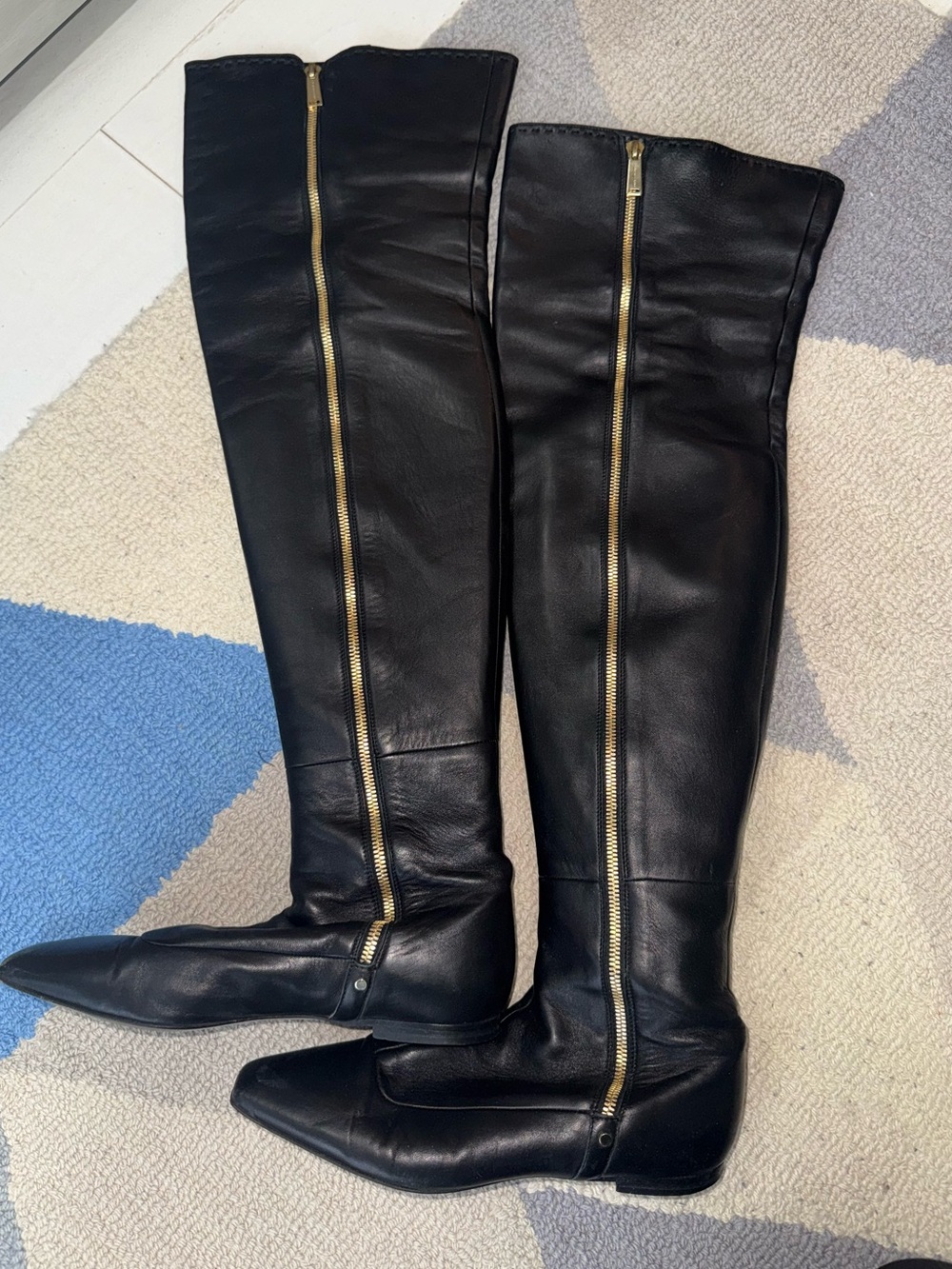 Vintage Versace Black Leather Over-the-Knee Thigh High Boots with Gold Zippers